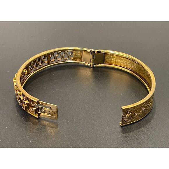 Vintage Gold-Toned Hinged Bangle Bracelet W/ Ornate Floral & Filigree Design - Picture 6 of 9